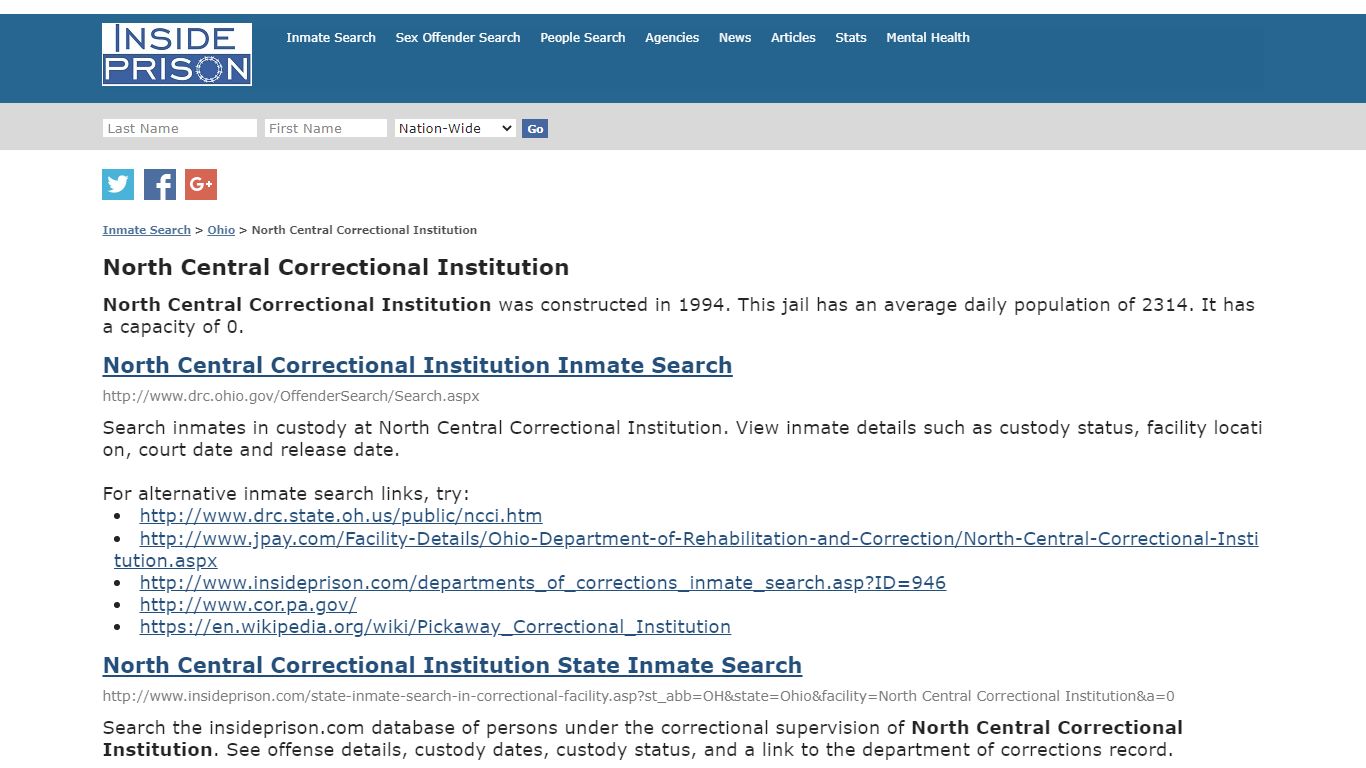 North Central Correctional Institution - Ohio - Inmate Search