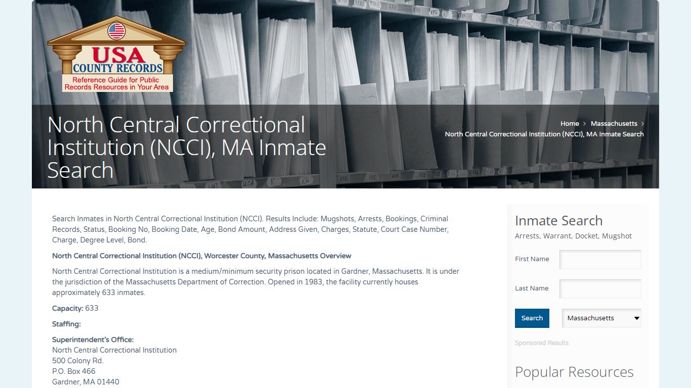 North Central Correctional Institution (NCCI), MA Inmate ...